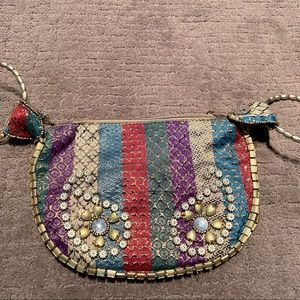 Gold Boho Clutch Party Purse Evening Bag Beaded W/Bangle Handles India